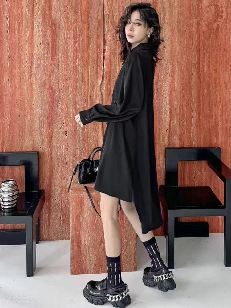 XITAO Irregular Turn-down Collar A-line Full Sleeve Dress Solid Color New Trendy Loose Fitting Autumn Women Dress GMM1128