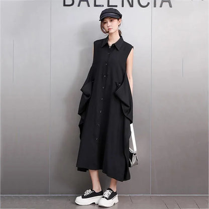 XITAO Pocket Sleeveless Dress Casual Solid Color A-line Loose Fitting Mid-calf Turn-down Color Simple Female Dress GMM1356