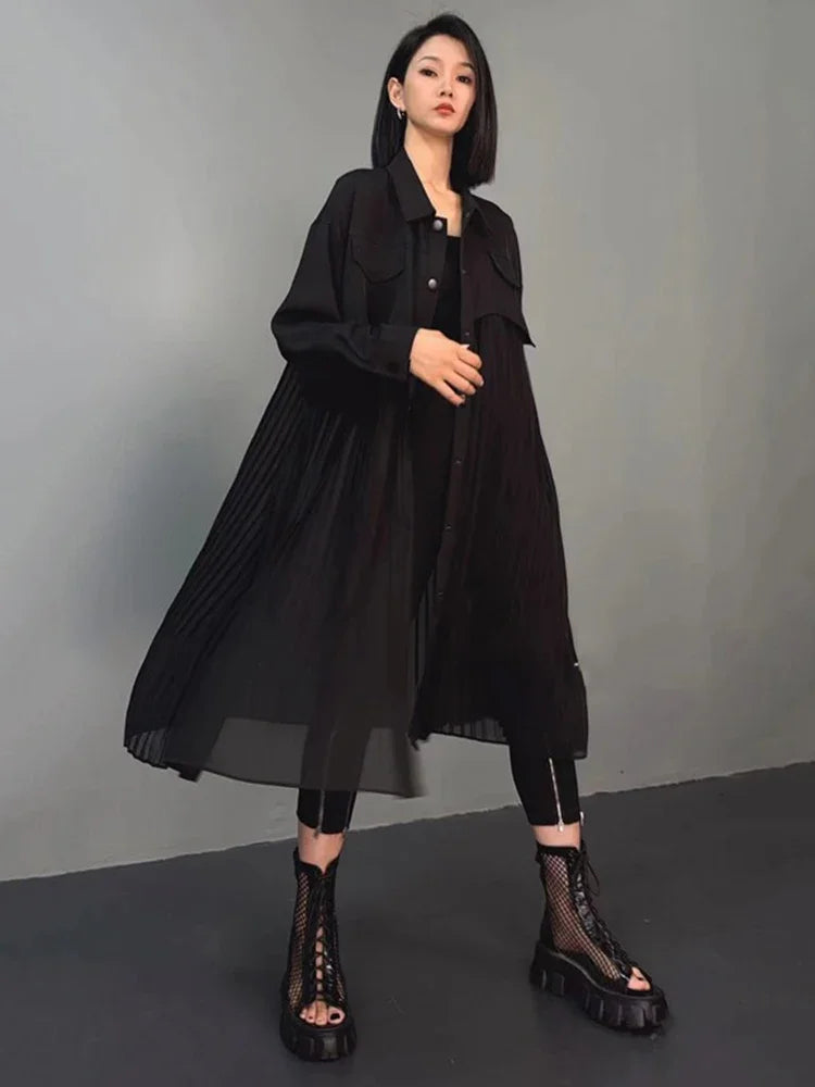 XITAO Mesh Patchwork Casual Shirt Dress Full Sleeve Turn Down Collar Mid-calf Splicing Pleats Single Breasted All Match ZYY1010