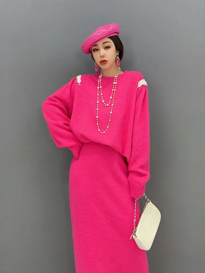 XITAO Casual Knitting Dress Sets Solid Color Fashion Loose Women Sweater Top Collocation Skirt Two Pieces Sets New SMH1027