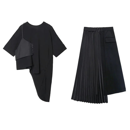 XITAO Black Two Piece Set Women Hlaf Sleeve Asymmetrical T-shirt Top Elastic Wasit Pleated Mid Calf Skirt Irregular Style WLD9510