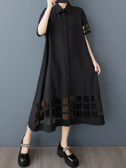 XITAO Patchwork Mesh Hollow Out Dress Solid Color Loose Half Sleeve Mid-calf A-line Elegant Fashion Summer Female Dress GYX1409