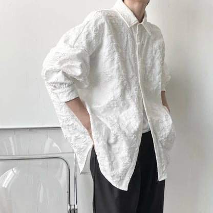 XITAO New Crumpled Jacquard Shirt Loose Fashion Solid Color Casual Turn-down Collar Top New All-match Bat Wing Sleeve WMD5191