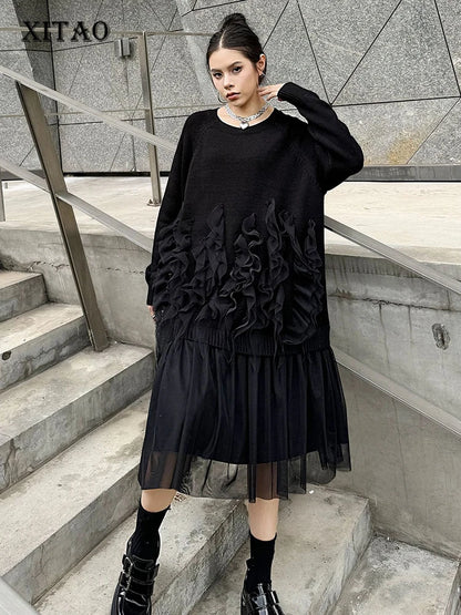 XITAO Mesh Patchwork Women Dress Solid Color Loose Trend Knitted O-neck Full Sleeve Pullover Mid-calf Fold Fashion Dress ZYY1006