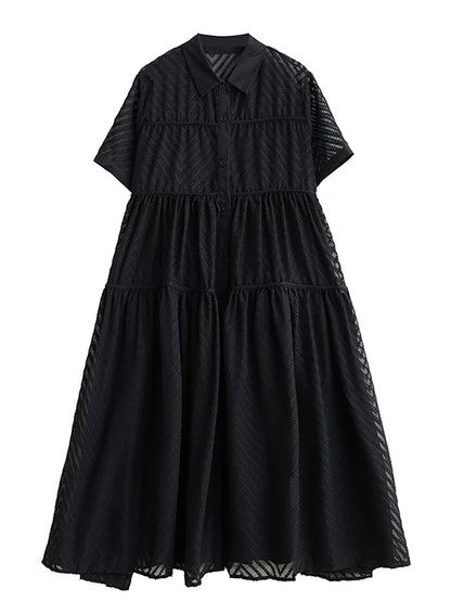 XITAO Black Hollow Splicing Dress Solid Color Turn Down Collar Short Sleeve Single Breasted Summer Women New Dress LYD1801