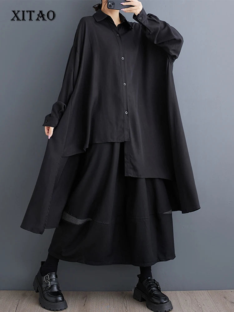 XITAO Fashion Casual Loose Solid Color Irregular Women Dress Turn-down Collar Mid-calf New Full Sleeve Female Dress ZYY1091