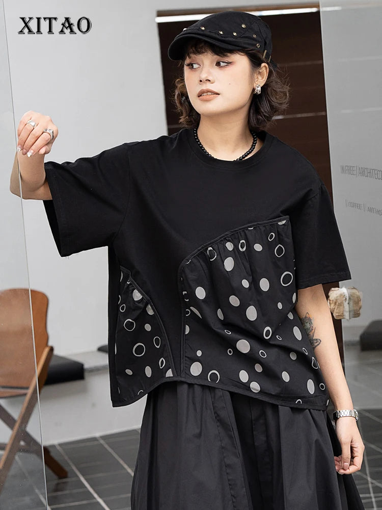 XITAO Irregular Casual T-shirt Dot Print Patchwork Loose Fashion New Summer Women All-match O-neck Collar Top Simplicity GJ1004