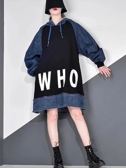 XITAO Letter Patchwork Dress Women Casual Winter Trendy Fashion New Style Hooded Collar Long Lantern Sleeve Drawstring GCC4185