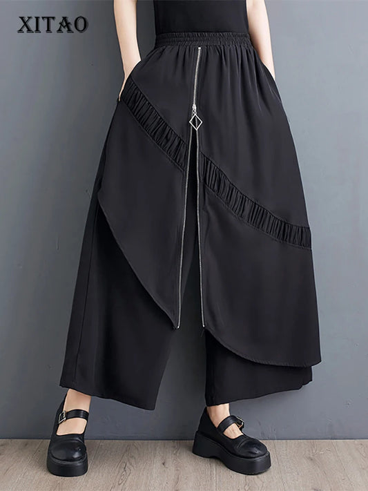 XITAO Zipper Patchwork Pocket Wide Leg Pants Solid Color Loose Fashion Women Ankle-length Pants Summer New ZY8799