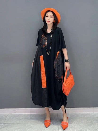 XITAO Black Casual Dress Loose Fashion Irregular Draw String Folds Patchwork Dress 2023 Summer Simplicity New Women WLD11248