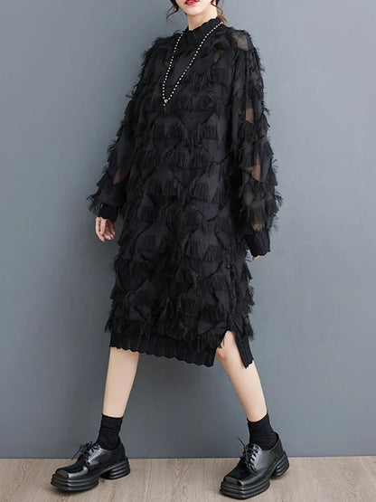 XITAO Irregular Tassel Dress Fashion Lace Casual Stand Collar Autumn New Arrival Women Loose Temperament Dress DMJ1914