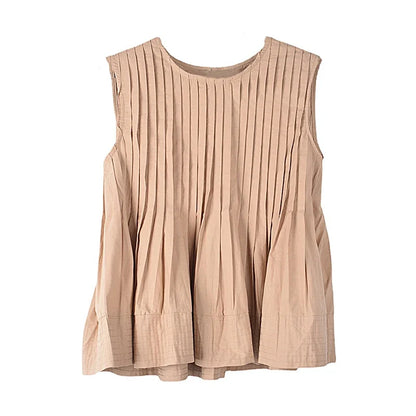 XITAO Sleeveless Pleated Shirt Solid Color Fashion Simplicity O-neck Collar Temperament Top Summer All-match New HQQ0236