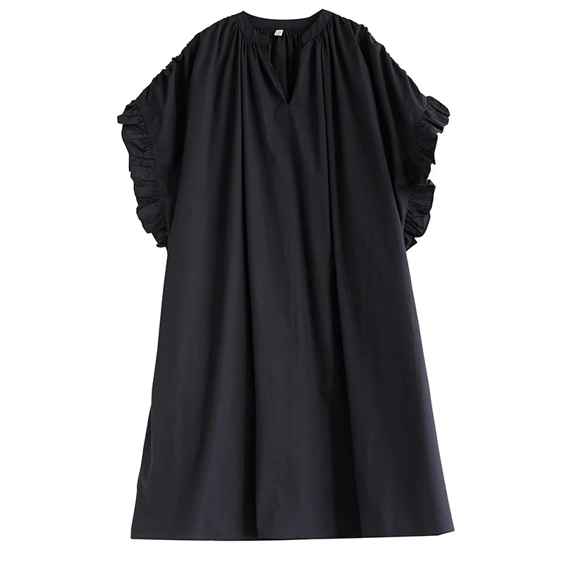 XITAO V-neck Solid Color Loose Dress Edible Fungus Drawstring Temperament All-match Slimming 2024 Women New Dress WLD20131