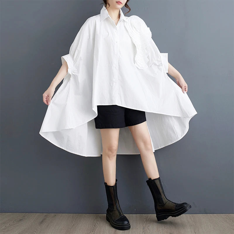 XITAO Irregular Bat Wing Sleeve Shirt Loose Fashion Three-dimensional Folds Flower Decoration Women Summer New Top ZY8813