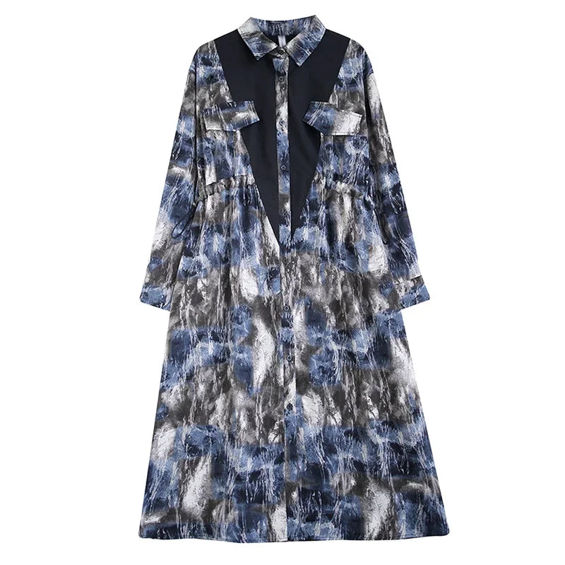 XITAO Loose Print Patchwork Shirt Dress Casual Single Breasted Drawstring Women Autumn New Simplicity Temperament Dress DMJ4175