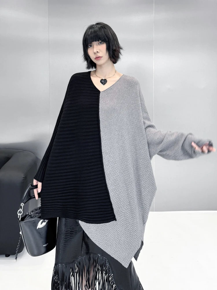 XITAO Europe Loose Contrast Color Female Sweater V-neck Irregular Long Sleeve Batwing Sleeve Fashion All Match Sweater ZYY1098