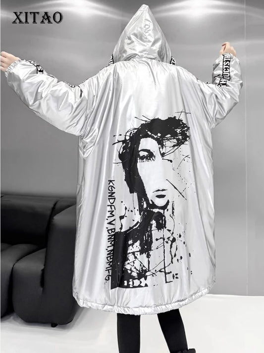 XITAO Solid Color Hooded Zipper Women Parka Full Sleeve Print Letter Casual Fashion Loose Female Silvery Parka Winter ZYY1087