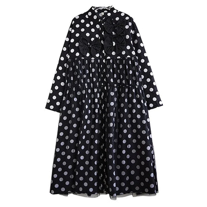 XITAO Vintage Casual Folds Shirt Dress Personality Bow Patchwork Women Spring New Arrival Loose Dot Simplicity Dress LYD1282