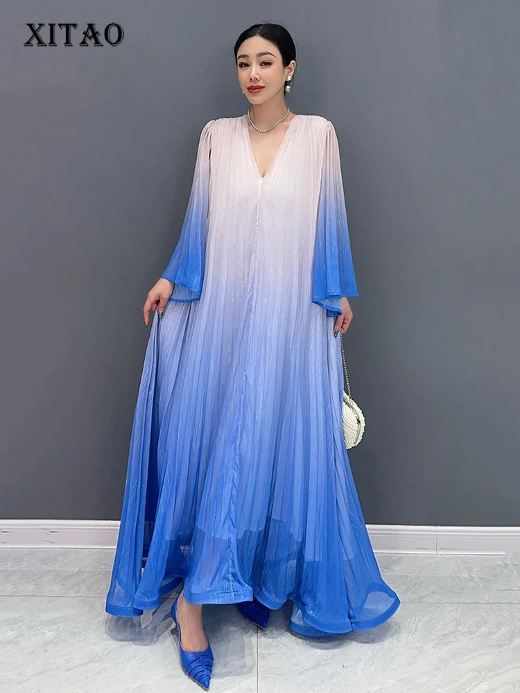 XITAO Gradient Gauze Dress Flare Sleeve Folds V-neck Collar Temperament  Women Long Dress Fashion Casual Loose New WLD20252