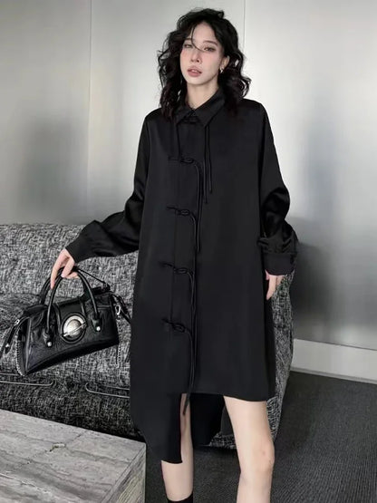 XITAO Irregular Turn-down Collar A-line Full Sleeve Dress Solid Color New Trendy Loose Fitting Autumn Women Dress GMM1128