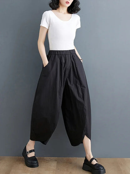 XITAO Women Wide Leg Pants Irregular Solid Color Elastic Waist Pocket Pleated Summer Ankle Length Pants Elegant WLD16705