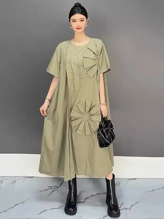 XITAO Three-dimensional Decoration Patchwork Dress O-neck Solid Color Short Sleeve Pullover Loose Slimming Dress Autumn GYX1034