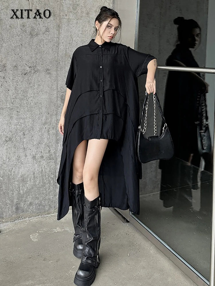 XITAO Asymmetrical Single Breasted Shirt Dress Solid Color Short Sleeve Loose Slimming Dress Summer New DMJ4134