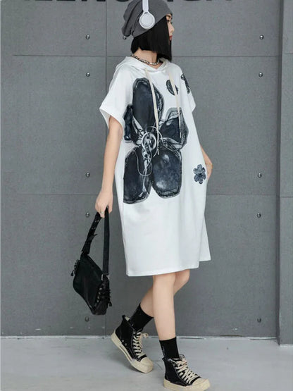 XITAO Hooded Print Flower Half Sleeve Dress Casual Loose Fitting A-line Knee-length Pullover Simple Summer Women Dress GMM1324