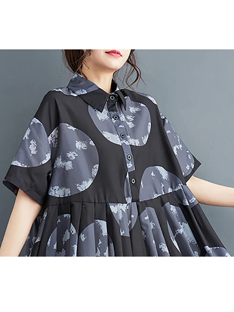 XITAO Casual Print Shirt Dress Loose Fashion Contrast Color Turn-down Collar Women Dress 2024 Simplicity Summer New DMJ1733