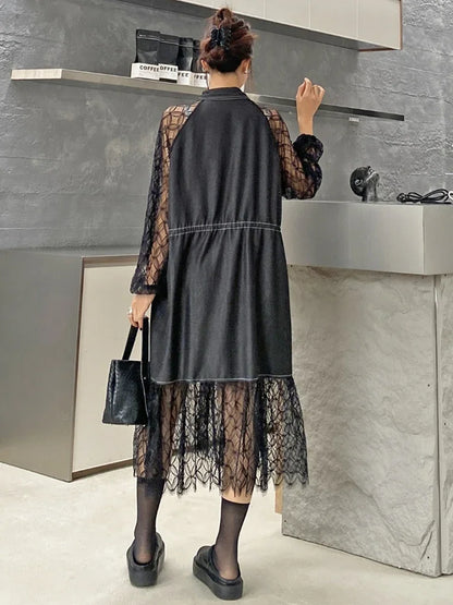 XITAO Patchwork Lace Turn-down Collar A-line Shirt Dress Casual Solid Color Full Sleeve Personality Autumn Women Dress GMM1138