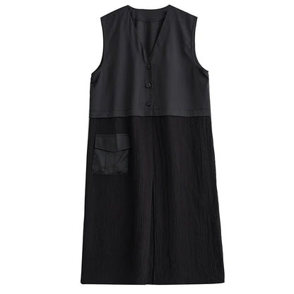 XITAO V-neck Single Breasted Patchwork Long Vests Pocket Loose Sleeveless Mid-calf Autumn New Arrival Casual All Match DMJ2537