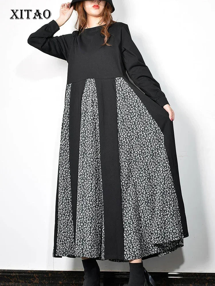 XITAO Elegant Maxi Dress Leopard Splice Women Dress Vintage Clothes Spring Autumn Ladies Dresses XJ2801