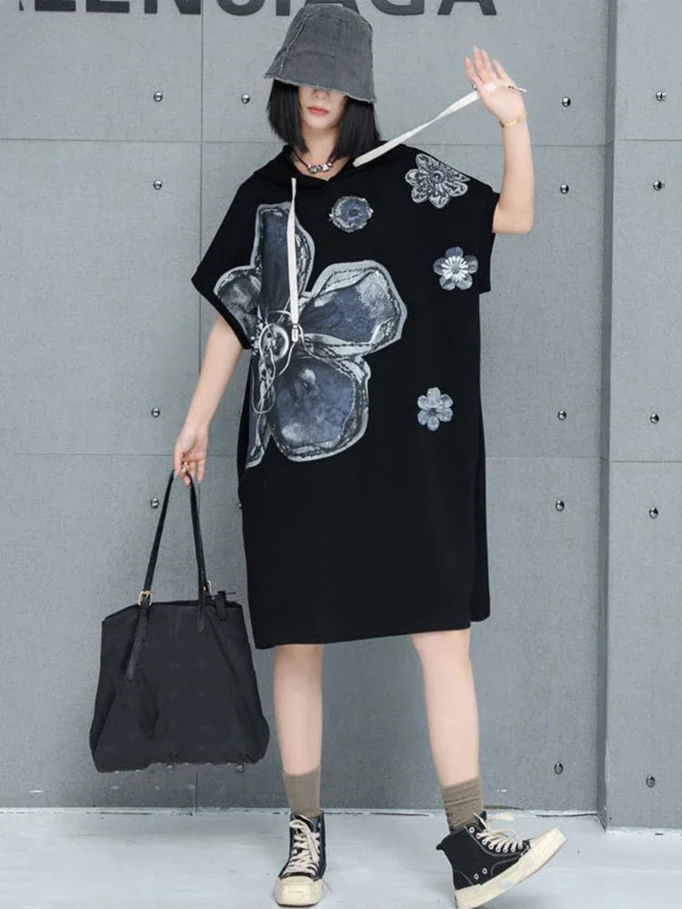 XITAO Print Flower Hooded Drawstring Female Dress Half Sleeve Straight Fashion Casual Loose Trendy Summer Women Dress GMM1199