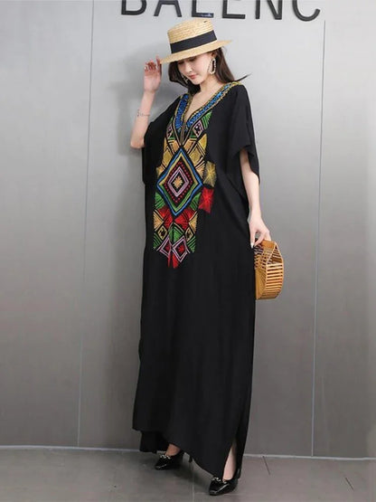 XITAO Embroidery Patchwork V-neck Side Split Dress Contrast Color Loose Ankle-Length Slimming Fashion All Match Casual GMM1240