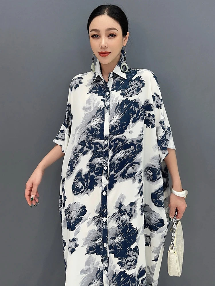 XITAO Loose Print Shirt Dress Fashion Contrast Color Women Summer New Casual Elegant Single Breasted Temperament Dress ZY8767