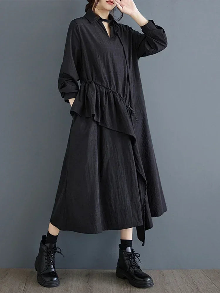 XITAO Asymmetrical Flounced Edge Female Dress Solid Color Loose Casual Pullover Mid-calf Dresses 2024 Autumn New GYX1049