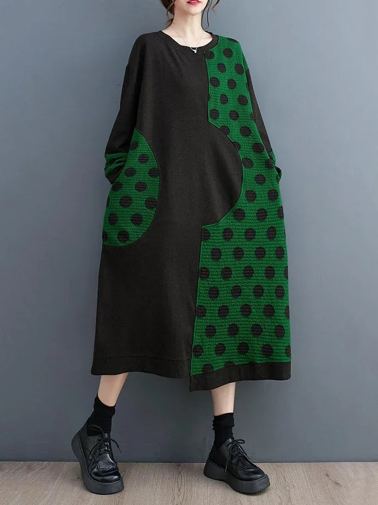 XITAO Long Sleeve Dress Irregular Contrast Color Dot Print Patchwork Women Loose A-line Dress Spring New Women ZZ0227