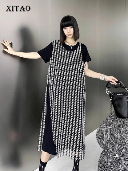 XITAO Grid Patchwork O-neck Pullover Dresses Short Sleeve Loose Contrast Color Mid-calf Fashion Dresses 2024 Summer New DMJ4082