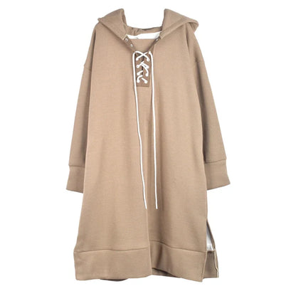 XITAO Spring New Dress Fashion Draw String Bandage Splicing Hooded Collar Pullover Loose All-match Sweatshirt Dress LDD2231