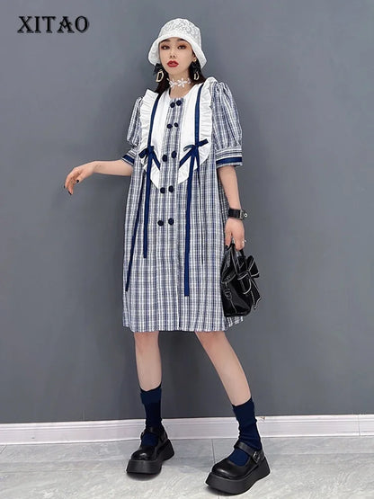 XITAO Double Breasted Plaid Dress Women Summer New Personality Fashion Loose O-neck Short Sleeve Dress WMD5991