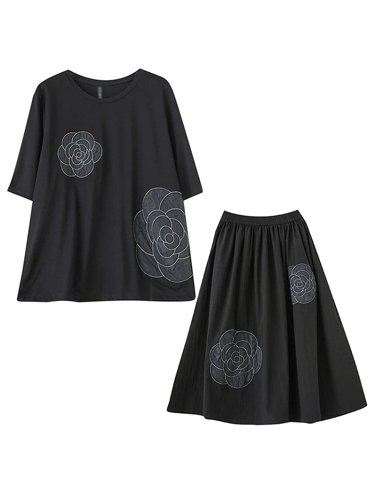 XITAO Vintage Loose Embroidery Two Piece Set Fashion Floret Patchwork Top Women Summer New Casual Temperament Skirt ZY8744