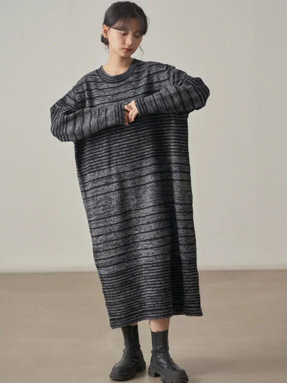 XITAO Striped Knitting O-neck Dress Full Sleeve Loose Casual Pullover Contrast Color Spring Women New All-match Dress DMJ3280