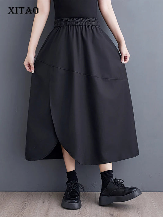 XITAO Split Fork Patchwork Irregular Elastic Waist Skirt Fashion Solid Color Loose Fitting Vintage Autumn Women Skirt GMM1157