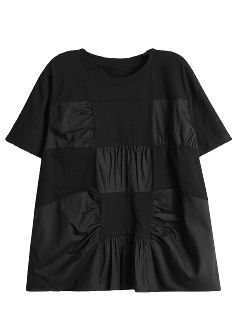 XITAO Block Patchwork O-neck Short Sleeve T-shirt Pleated Loose Casual 2024 Summer New Women All-match T-shirt Top LYD1889