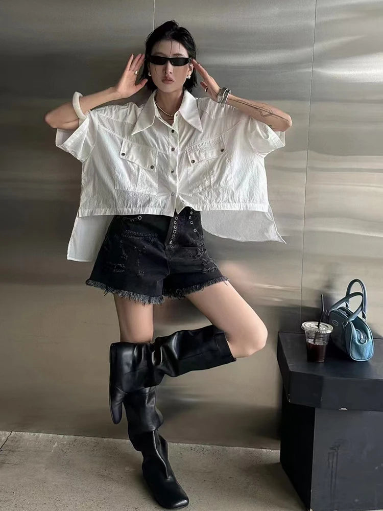 XITAO Backless Bandage Asymmetrical Women Shirt Solid Color Turn-down Collar Fashion All Match Tops 2024 Summer New GJ1052