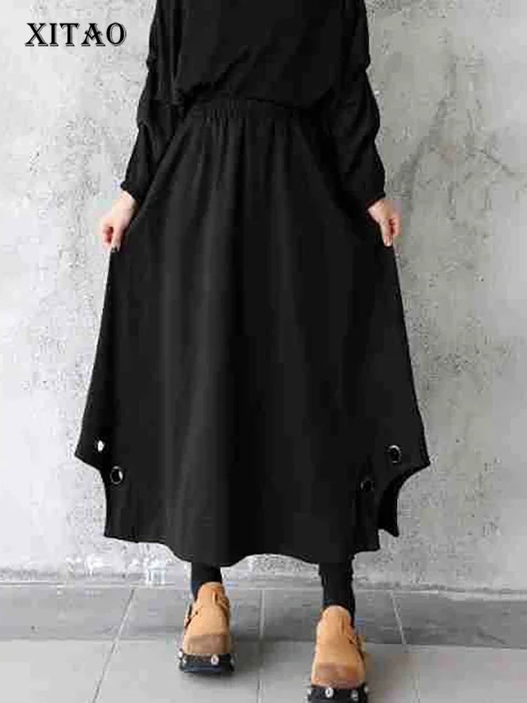 XITAO A-line Solid Color Mid-calf Casual Loose Fitting Skirt Irregular Elastic Waist Trend Fashion Autumn Women Skirt GMM1083