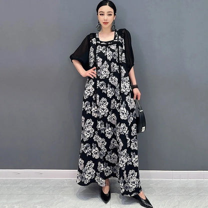 XITAO Print Square Collar Patchwork A-line Dress Short Sleeve Fashion Loose Temperament Women 2024 Street Trendy Dress DMJ4078