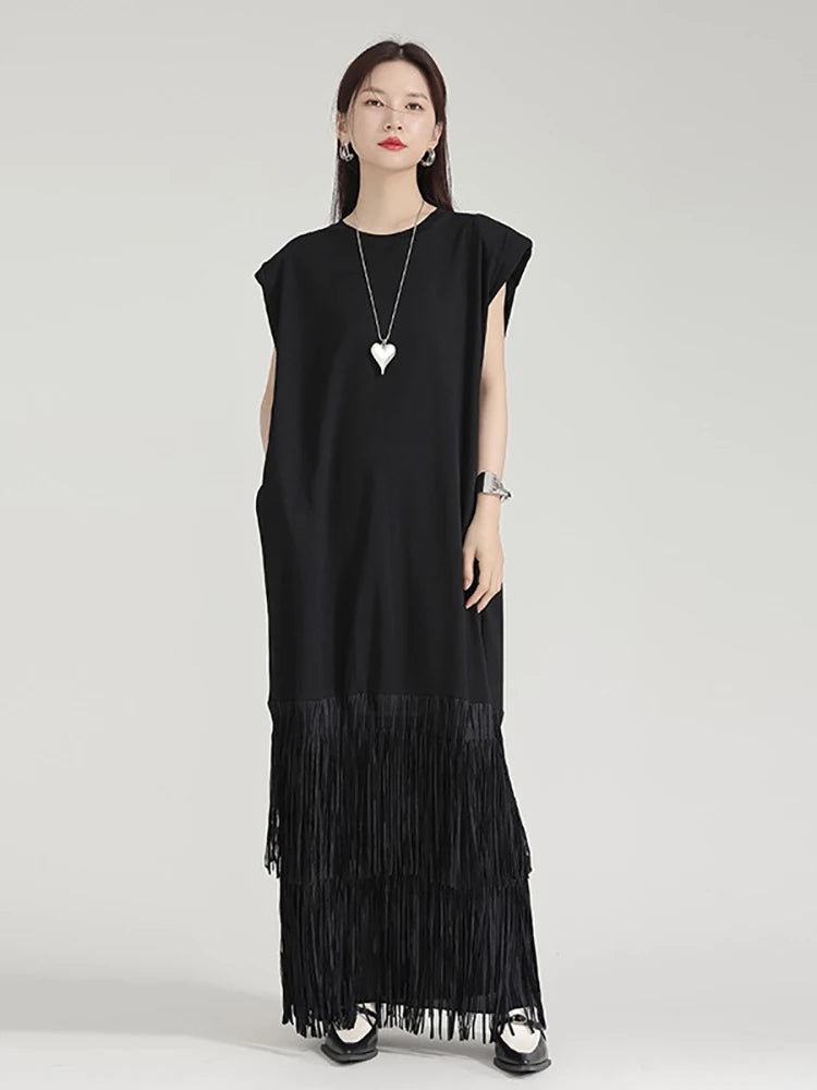 XITAO Tassel Patchwork Sleeveless Dress Pocket Solid Color O-neck Pullover Loose Ankle-length Dress 2024 Summer Casual ZY8819