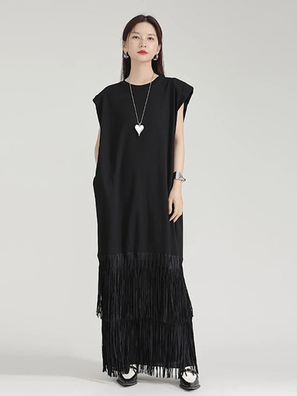 XITAO Tassel Patchwork Sleeveless Dress Pocket Solid Color O-neck Pullover Loose Ankle-length Dress 2024 Summer Casual ZY8819