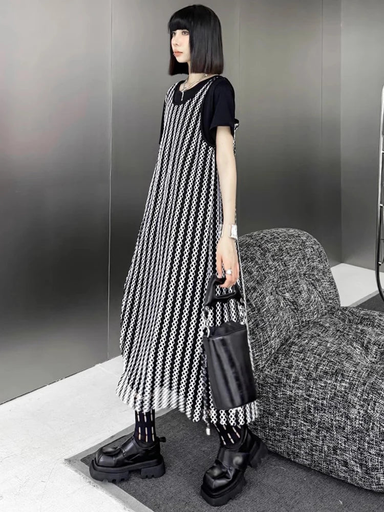 XITAO Grid Patchwork O-neck Pullover Dresses Short Sleeve Loose Contrast Color Mid-calf Fashion Dresses 2024 Summer New DMJ4082